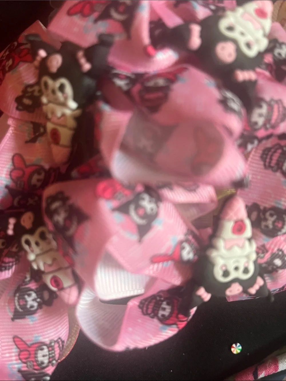 Purple Ribbon Bow Hair Clips with Pink Cartoon Accents for Kids